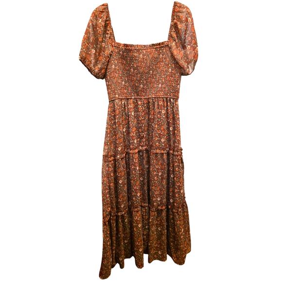 Francesca's AUDREY PARIS Smocked Brown Floral Midi Dress Size Medium NWT - Picture 4 of 9